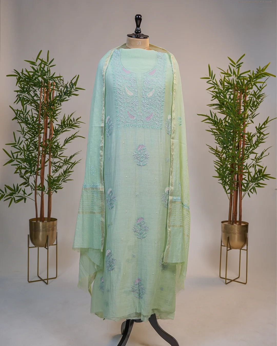 Mint Green Handcrafted Lucknowi Chikankari Unstitched Ensemble With Dupatta